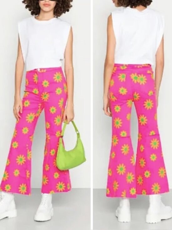 Free People Denim - Free People Youthquake Pink Lipstick Combo Cropped Retro Flare Jeans Size 30 NWT